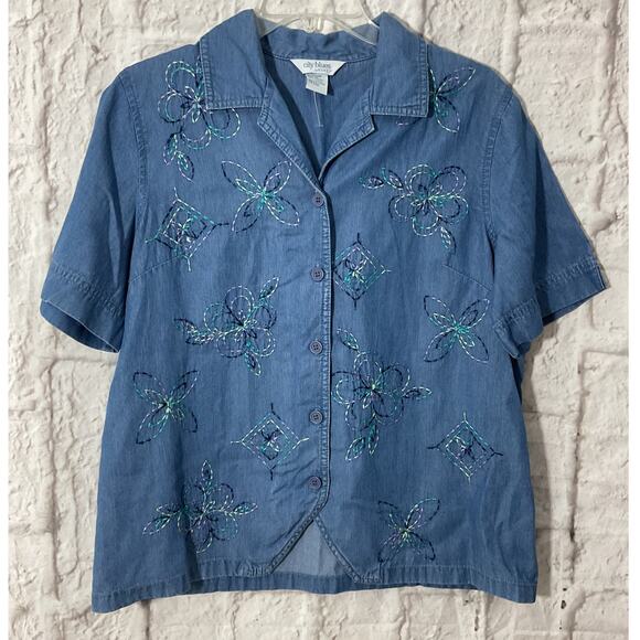 Vintage City Blues Koret Shirt 10 Floral Embroidered Button Down Denim Y2K - Picture 1 of 6